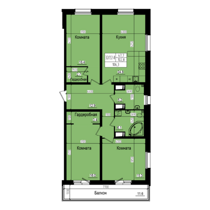 106,3 м², 3-комн. квартира, 2/23 этаж