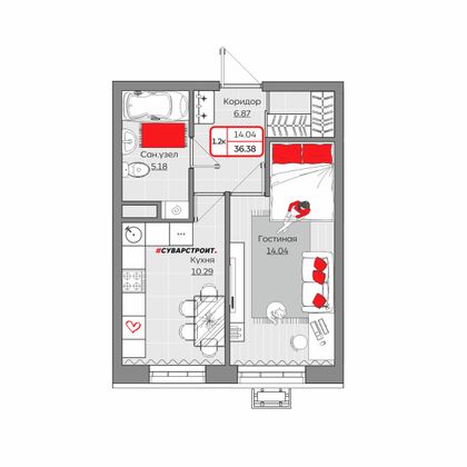 36,4 м², 1-комн. квартира, 3/19 этаж