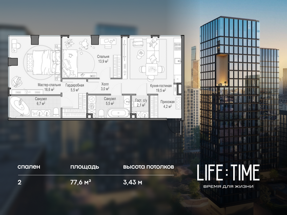 77,6 м², 2-комн. квартира, 2/23 этаж