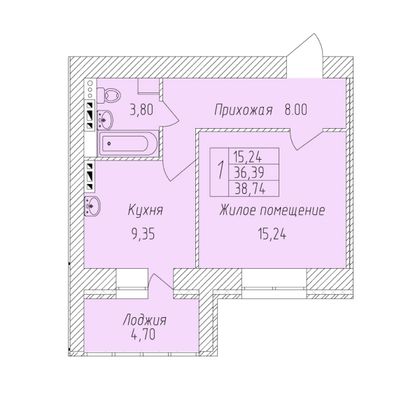 Продажа 1-комнатной квартиры 38,7 м², 1 этаж