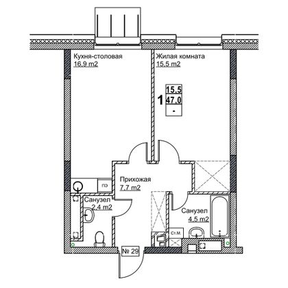 Продажа 1-комнатной квартиры 47 м², 4/24 этаж