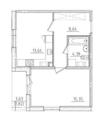 Продажа 1-комнатной квартиры 45,6 м², 1/8 этаж