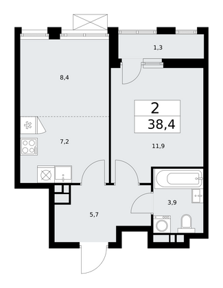 38,4 м², 2-комн. квартира, 7/18 этаж