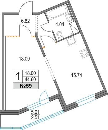 44,6 м², 1-комн. квартира, 10/19 этаж