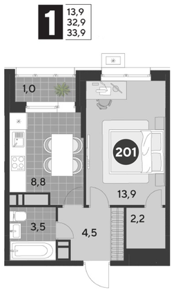 Продажа 1-комнатной квартиры 33,9 м², 17/21 этаж