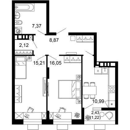 61,8 м², 2-комн. квартира, 10/10 этаж