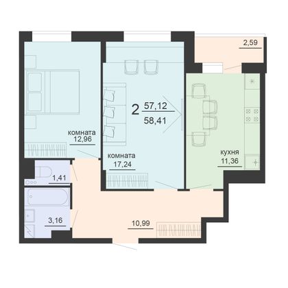 Продажа 2-комнатной квартиры 58,4 м², 18/20 этаж