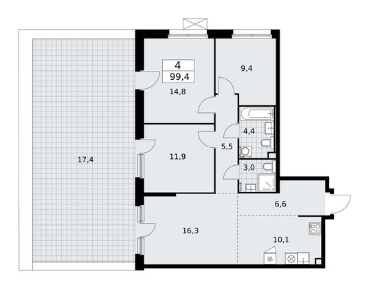 99,4 м², 4-комн. квартира, 2/17 этаж