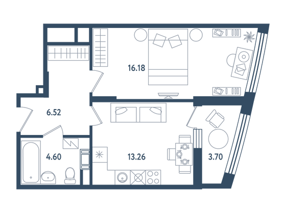 42,4 м², 1-комн. квартира, 2/6 этаж