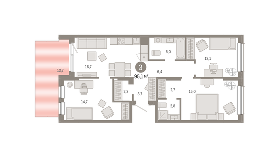 96,6 м², 3-комн. квартира, 1/9 этаж