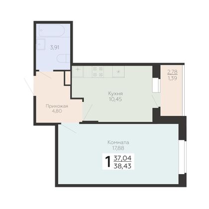 Продажа 1-комнатной квартиры 38,4 м², 4/19 этаж