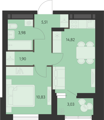 38,6 м², 1-комн. квартира, 20 этаж