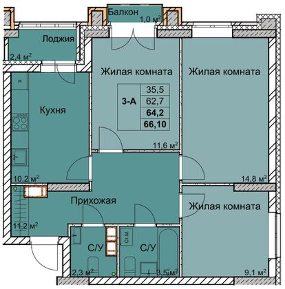 Продажа 3-комнатной квартиры 64,2 м², 4/18 этаж