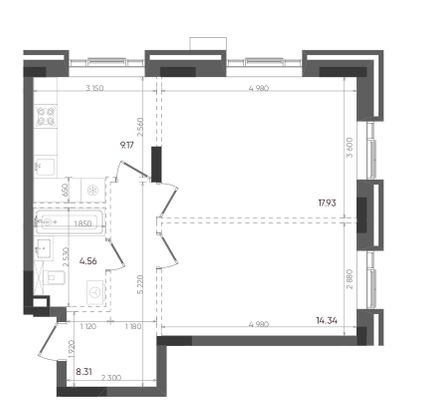 54,3 м², 2-комн. квартира, 2/22 этаж