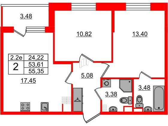 Продажа 2-комнатной квартиры 53,6 м², 4/5 этаж