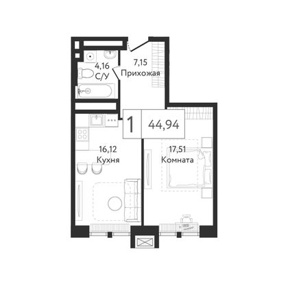 44,9 м², 1-комн. квартира, 4/24 этаж