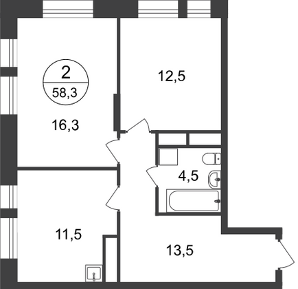 58,3 м², 2-комн. квартира, 12/22 этаж