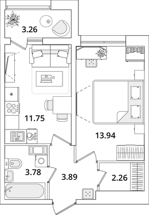 37,3 м², 1-комн. квартира, 11/22 этаж