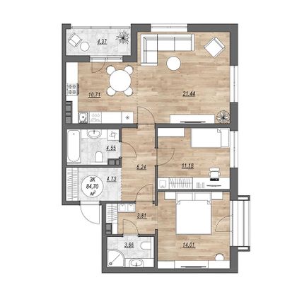 Продажа 3-комнатной квартиры 84,7 м², 7/10 этаж