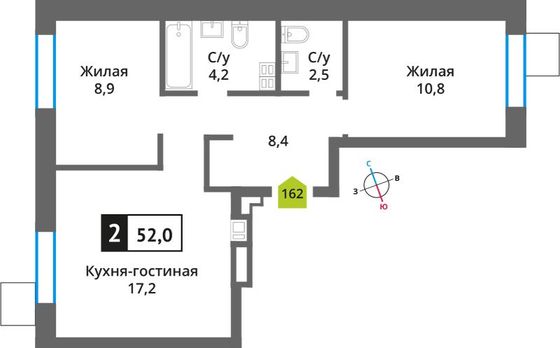 Продажа 2-комнатной квартиры 52 м², 2/9 этаж