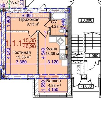 Продажа 1-комнатной квартиры 47 м², 3/9 этаж