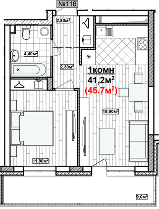 Продажа 1-комнатной квартиры 45,7 м², 12/19 этаж