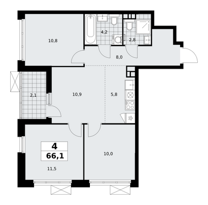 66,1 м², 4-комн. квартира, 3/18 этаж