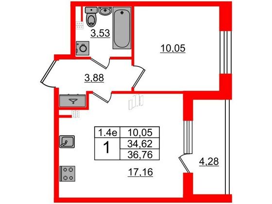 Продажа 1-комнатной квартиры 34,6 м², 3/5 этаж