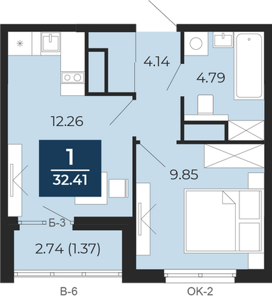 32,4 м², 1-комн. квартира, 9/17 этаж