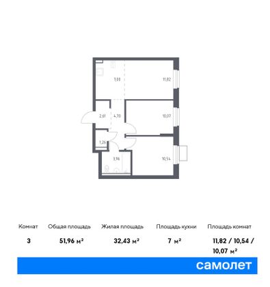 52 м², 2-комн. квартира, 10/12 этаж