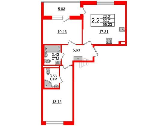 Продажа 2-комнатной квартиры 52,7 м², 3/4 этаж