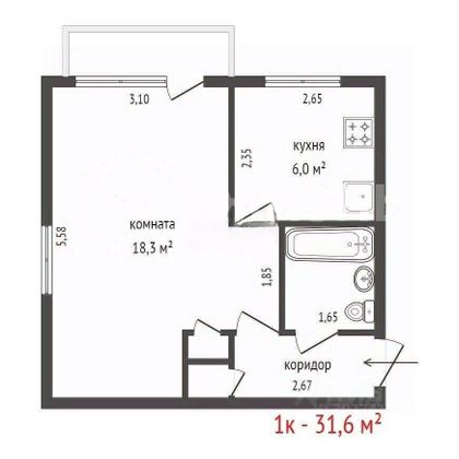 Продажа 1-комнатной квартиры 31,6 м², 2/5 этаж