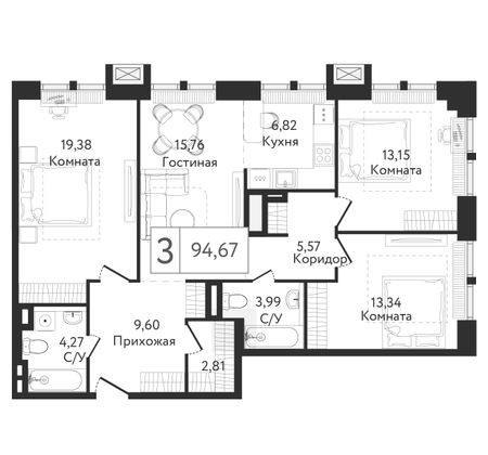 94,7 м², 3-комн. квартира, 2/24 этаж