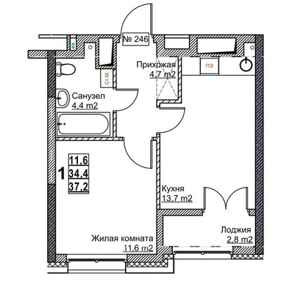 Продажа 1-комнатной квартиры 37,2 м², 14/24 этаж