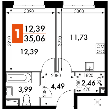 35,1 м², 1-комн. квартира, 2/15 этаж