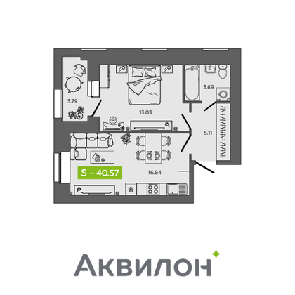 40,6 м², 1-комн. квартира, 8/9 этаж