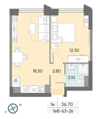 Продажа 1-комнатной квартиры 36,7 м², 26/58 этаж