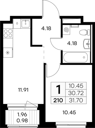 31,7 м², 1-комн. квартира, 7/9 этаж