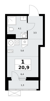 20,9 м², своб. планировка, 3/11 этаж