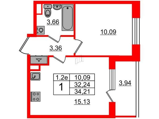 Продажа 1-комнатной квартиры 32,2 м², 2/5 этаж