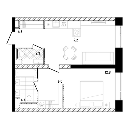 49,4 м², 1-комн. квартира, 5/26 этаж