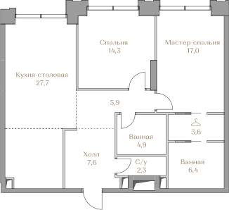 89,7 м², 2-комн. квартира, 9/18 этаж