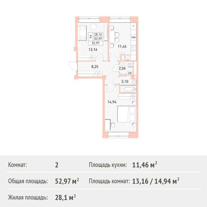 Продажа 2-комнатной квартиры 53 м², 4/17 этаж