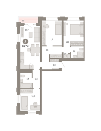 85,7 м², 3-комн. квартира, 6/7 этаж