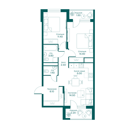 65,4 м², 3-комн. квартира, 2/6 этаж