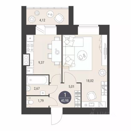 Продажа 1-комнатной квартиры 41 м², 7/10 этаж