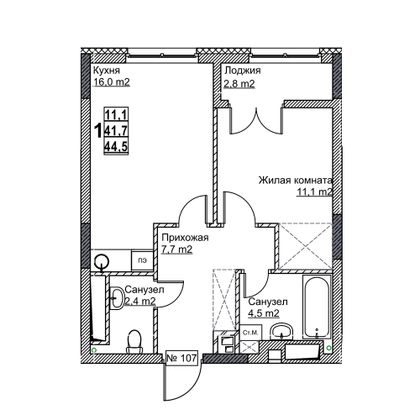 Продажа 1-комнатной квартиры 44,5 м², 13/24 этаж