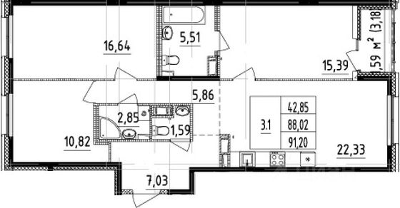 Продажа 3-комнатной квартиры 89,6 м², 11/14 этаж