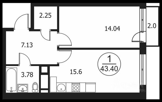 43,4 м², 1-комн. квартира, 2/4 этаж