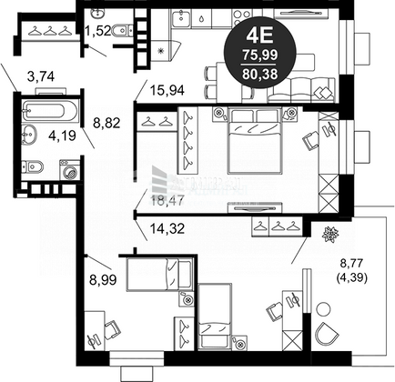 Продажа 4-комнатной квартиры 80,4 м², 3/10 этаж